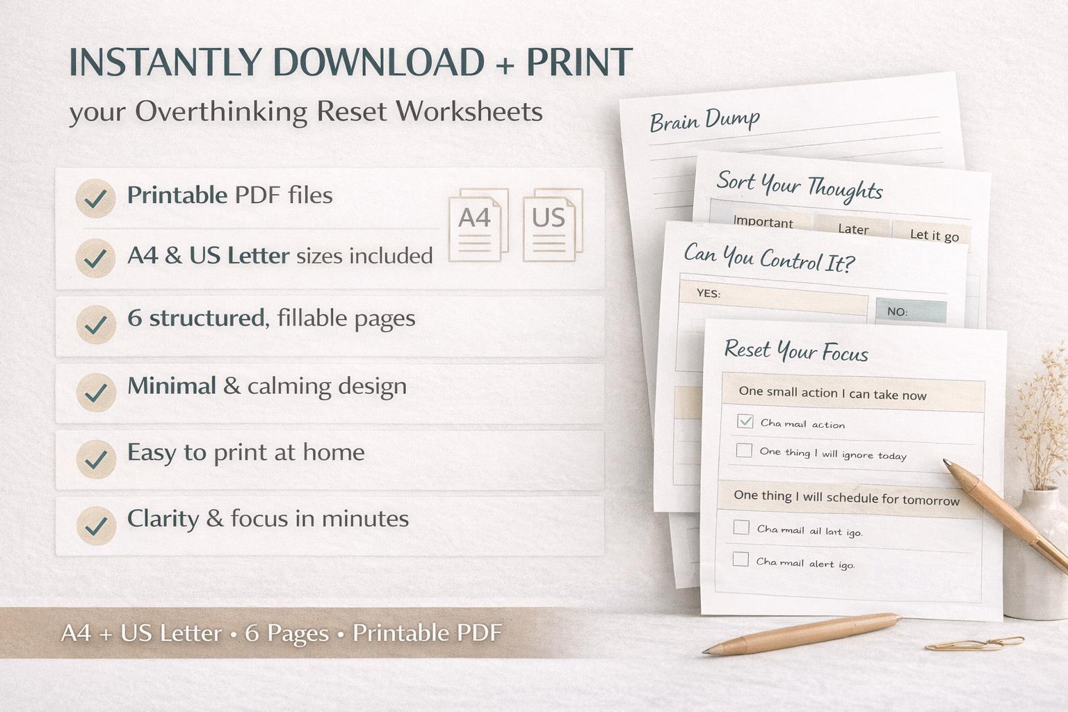Overthinking Reset Worksheet, Printable Brain Dump PDF, Mental Clarity ...