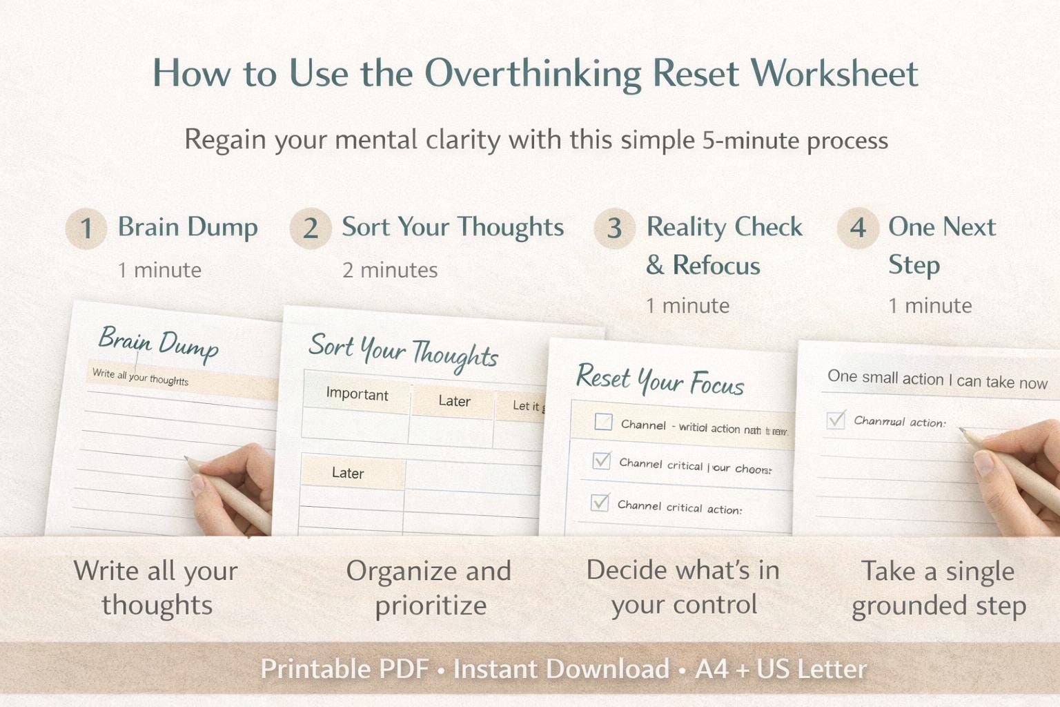 Overthinking Reset Worksheet, Printable Brain Dump PDF, Mental Clarity ...