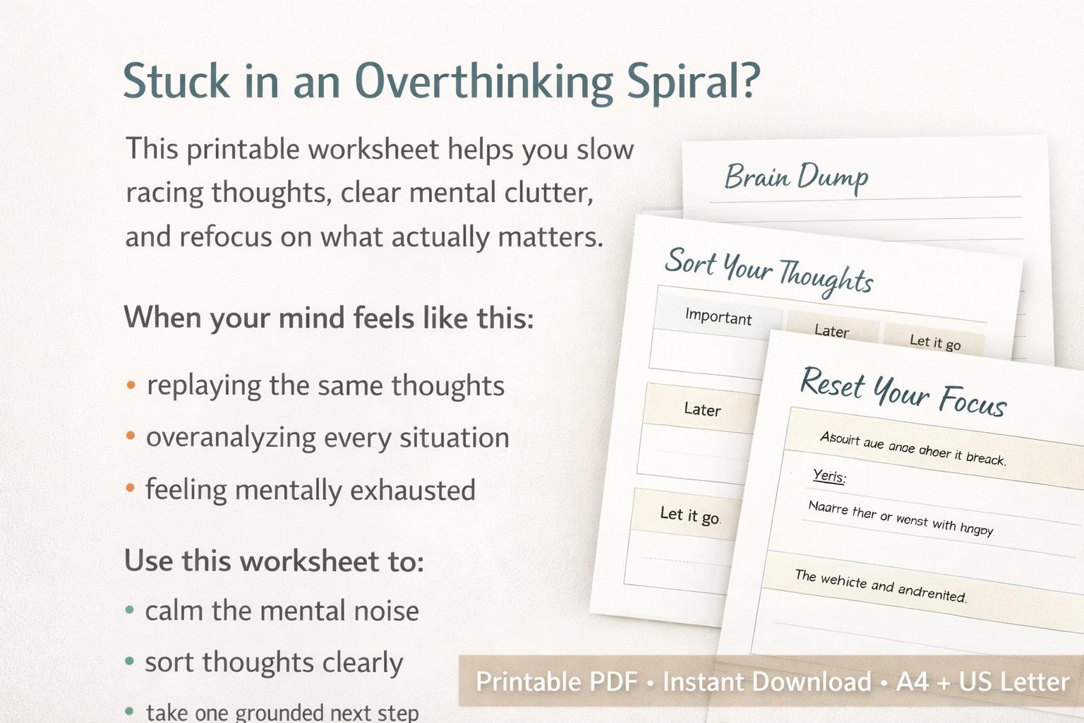 Overthinking Reset Worksheet, Printable Brain Dump PDF, Mental Clarity ...