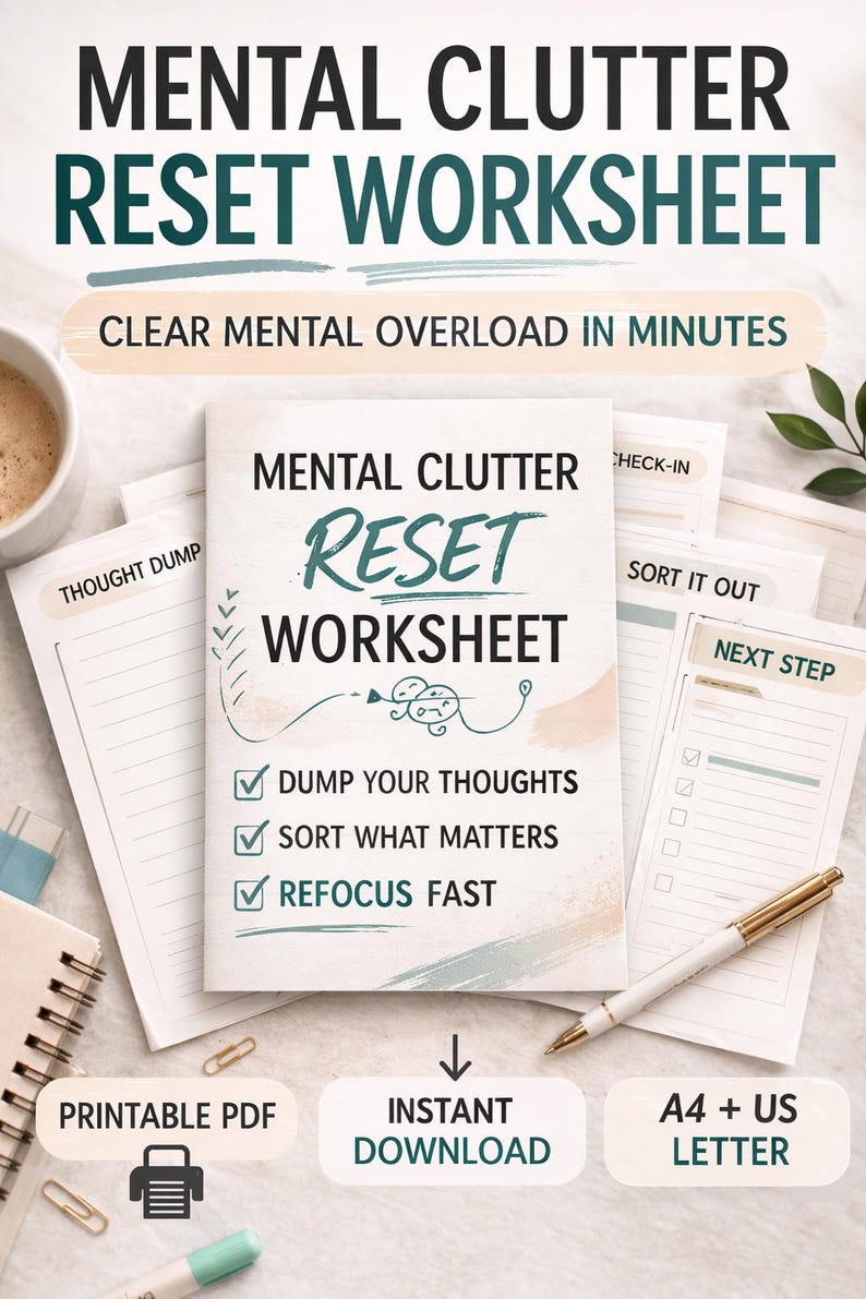 Mental Clutter Reset Worksheet, Printable Brain Dump PDF, Overwhelm ...