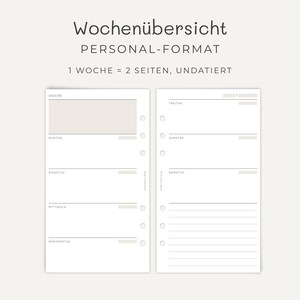 Könnte beinhalten: Ein undatierter Wochenplaner-Einsatz auf zwei Seiten im Personal-Format mit sechs Ringbuchlocher-Öffnungen. Der Text lautet Wochenübersicht, PERSONAL-FORMAT, 1 WOCHE = 2 SEITEN, UNDATIERT, WOCHE, MONTAG, DIENSTAG, MITTWOCH, DONNERSTAG, FREITAG, SAMSTAG, SONNTAG.