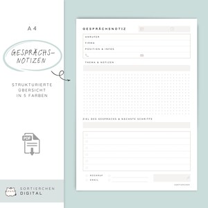 以下が含まれることがあります： A4サイズの印刷可能な会議ノートテンプレート。手書き風の「GESPRÄCHSNOTIZEN」の文字。テンプレートには、発信者、会社、役職、メモ、次のステップのセクションが含まれています。デザインはミニマルで、明るい色使いです。