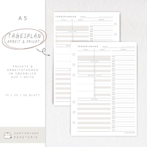Könnte beinhalten: Zwei A5-Planerseiten mit detailliertem Tagesablauf-Layout. Die Seiten enthalten Abschnitte für Aufgaben, Termine und Notizen mit dem Text "TAGESPLAN ARBEIT & PRIVAT" und "PRIVATE & ARBEITSTHEMEN IM ÜBERBLICK AUF 1 SEITE".