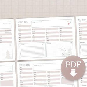 Jahreskalender 2026 zum Ausdrucken | PDF Download | A4 Querformat | mit Feiertagen und Kalenderwochen | rosa verspielt Boho