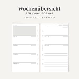 Könnte beinhalten: Ein wöchentlicher Planer-Einsatz im Personal-Format auf zwei Seiten mit sechs Ringbuchlocherungen an den Innenkanten. Der Text lautet Wochenübersicht, PERSONAL-FORMAT, 1 WOCHE = 2 SEITEN, UNDATIERT und listet die Wochentage von Montag bis Sonntag.