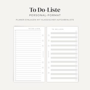 Könnte beinhalten: Zwei weiße Planer-Einlagen im Personal-Format mit dem Text To Do-Liste. Die linke Einlage zeigt horizontale Linien mit runden Kästchen, während die rechte Einlage graue horizontale Balken mit runden Kästchen auf der linken Seite aufweist.