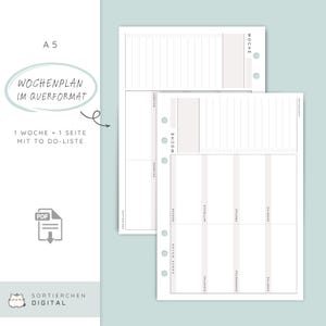 Könnte beinhalten: A5-Planereinlagen mit Wochenlayout. Das Design umfasst Abschnitte für jeden Wochentag, eine To-Do-Liste und den Text "WOCHENPLAN IM QUERFORMAT". Das PDF-Symbol ist sichtbar.