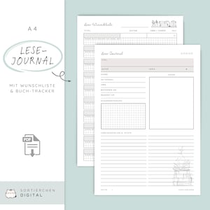 Könnte beinhalten: Schwarz-weißes, druckbares Lesetagebuch im A4-Format mit den Worten "LESE-JOURNAL" in einem hellblauen Oval. Das Journal enthält Abschnitte für Titel, Autor, Genre und Notizen. Ein PDF-Symbol ist sichtbar.