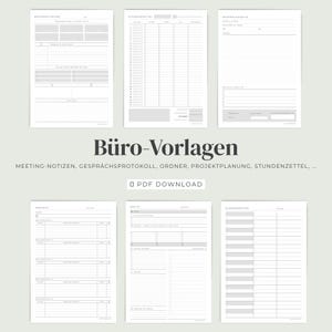 Könnte beinhalten: Eine Sammlung von sechs weißen digitalen Büro-Planungsvorlagen mit schwarzem Text und Rasterlinien. Die Blätter enthalten Abschnitte für Wochenplanung, Zeiterfassung, Besprechungsnotizen, Projektmeilensteine, tägliche Aufgaben und verschiedene Listen.
