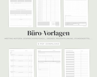 May include: A collection of six white digital office planning templates with black text and grid lines. The sheets include sections for weekly planning, time tracking, meeting notes, project milestones, daily tasks, and a list for various office records.