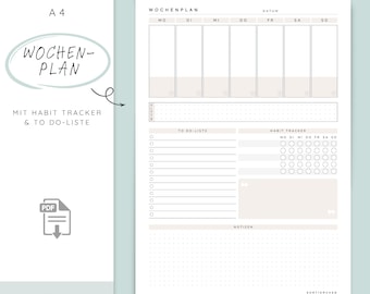 May include: A4-sized weekly planner with the text "WOCHENPLAN" in a handwritten font. The planner includes sections for each day of the week, a to-do list, and a habit tracker. The design is minimalist with a neutral color palette.