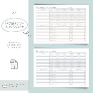 Può includere: Due modelli stampabili di programma di pulizia in formato A4. I modelli presentano un layout a griglia con caselle di controllo per attività giornaliere, settimanali e mensili. Il testo "HAUSHALTS & PUTZPLAN" è scritto in un carattere scritto a mano.