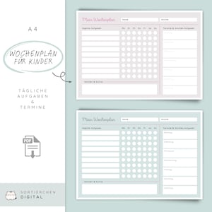 Op de afbeelding: Twee afdrukbare weekplanner vellen in A4-formaat in pastelkleuren. Ze bevatten secties voor dagelijkse taken, notities en een stippenraster. Het ontwerp bevat de tekst "Mein Wochenplan" en "Wochenplan für Kinder".