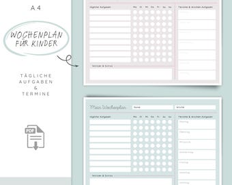 May include: Two printable weekly planner sheets in pastel colors, featuring sections for daily tasks, notes, and a dot grid. The design includes the text "Mein Wochenplan" and "Wochenplan für Kinder". The PDF download is A4 size.
