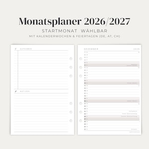 Könnte beinhalten: Ein Monatsplaner 2026/2027 mit wählbarem Startmonat. Die linke Seite enthält linierte Bereiche für Aufgaben und Notizen, während die rechte Seite einen Kalender für Dezember 2026 mit Feiertagen und Kalenderwochen für DE, AT und CH zeigt.
