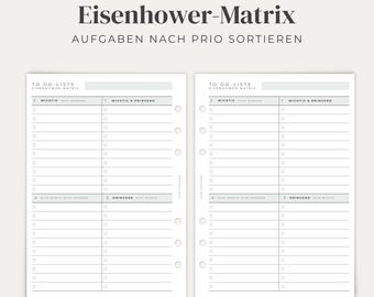 May include: Two white planner pages featuring an Eisenhower Matrix layout with black text. The pages include sections for To-Do lists, labeled Wichtig, Dringend, and Nicht Wichtig. Each page has pre-punched holes on the side for binder insertion.