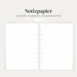 Könnte beinhalten: Zwei weiße Papierbögen mit Punktraster, die jeweils sechs kreisförmige Stanzlöcher entlang der Innenkante aufweisen. Der Text oben lautet Notizpapier LINIERT, KARIERT, PUNKTRASTER, ergänzt durch drei kleine kreisförmige Symbole für verschiedene Papierstile.