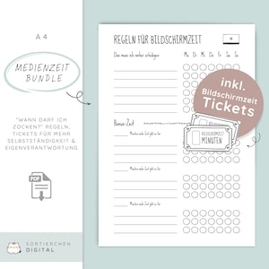 Puede incluir: Una página de planificador imprimible en blanco con texto en alemán, incluyendo "REGELN FÜR BILDSCHIRMZEIT" y "MEDIENZEIT BUNDLE". Incluye secciones para "Bonus-Zeit" y "Bildschirmzeit Tickets". Diseñado para gestionar el tiempo de pantalla.