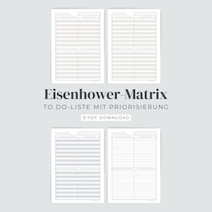 Könnte beinhalten: Vier weiße rechteckige Seiten mit einem Eisenhower-Matrix-Layout, horizontalen Linien und Kontrollkästchen. Der Text lautet Eisenhower-Matrix TO DO-LISTE MIT PRIORISIERUNG PDF DOWNLOAD. Jede Seite ist zur Aufgabenverwaltung in vier Quadranten unterteilt.