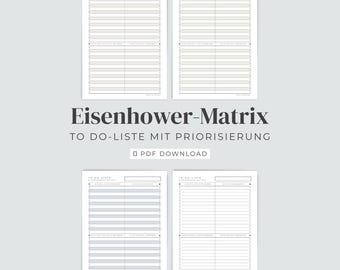 May include: Four white rectangular pages featuring an Eisenhower Matrix layout with horizontal lines and checkboxes. The text reads Eisenhower-Matrix TO DO-LISTE MIT PRIORISIERUNG PDF DOWNLOAD. Each page is divided into four quadrants for task management.