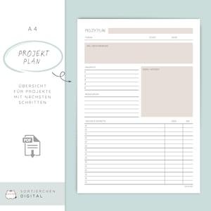 Op de afbeelding: A4-formaat projectplan sjabloon met de titel "Projekt Plan" in een lichtblauwe ovaal. De sjabloon bevat secties voor thema, start- en einddata, doelen, prioriteit, resources en volgende stappen. Het PDF-pictogram is zichtbaar.