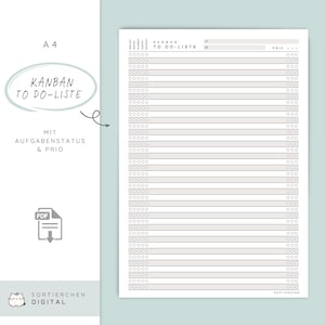 Könnte beinhalten: A4-große Kanban-To-Do-Liste zum Ausdrucken. Die Seite hat ein hellgraues und weißes Design mit den Worten "KANBAN TO DO-LISTE" und "MIT AUFGABENSTATUS & PRIO". Das PDF-Symbol ist sichtbar. Der untere Teil der Seite enthält den Text "SORTIERCHEN DIGITAL".