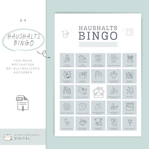 Könnte beinhalten: Ein druckbares Spielblatt "Haushalts Bingo" im Format A4. Das Blatt zeigt ein Raster von Haushaltsaufgaben mit Illustrationen, darunter Putzen, Wäsche waschen und Kochen. Der Titel "Haushalts Bingo" steht oben, darunter der Text "Für mehr Motivation bei alltäglichen Aufgaben".