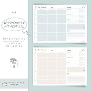 Könnte beinhalten: Zwei A4-Wochenplaner-Blätter in Hellblau und Beige. Jeder Planer enthält Abschnitte für Termine, Aufgaben und Routinen, mit dem Text "Mein Wochenplan" oben. Das Design ist minimalistisch und bietet Platz für die tägliche Planung.