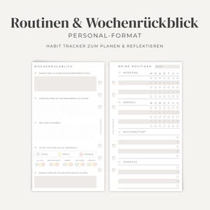 Könnte beinhalten: Zwei weiße Planerseiten mit schwarzem Text und hellgrauen Akzenten. Die linke Seite enthält einen Wochenrückblick mit verschiedenen Abschnitten, während die rechte Seite einen Gewohnheitstracker für Morgen- und Abendroutinen bietet.