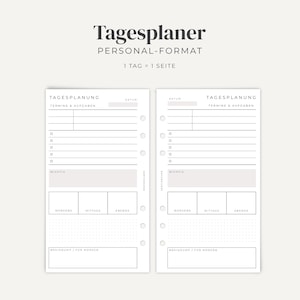Könnte beinhalten: Ein weißer Tagesplaner-Einlagensatz im Personal-Format mit sechs Ringbuchlocher-Ausstanzungen. Die Seite enthält Abschnitte für Tagesplanung, Termine & Aufgaben, Wichtig, Morgens, Mittags, Abends und Braindump/Für Morgen. Das Layout umfasst Linien und Punkte.