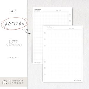 Könnte beinhalten: Zwei weiße A5-Notizblätter mit verschiedenen Rasterstilen. Ein Blatt hat ein Rastermuster, das andere ein Punktmuster. Das Wort "NOTIZEN" steht oben auf jedem Blatt. Der Text "LINIERT, KARIERT, PUNKTRASTER" ist ebenfalls sichtbar.