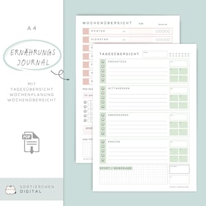 May include: A4-sized printable nutrition journal with daily and weekly planning pages. The journal features sections for meals, snacks, and exercise, with a soft colour palette of pink and green. The cover includes the text "ERNÄHRUNGS JOURNAL".