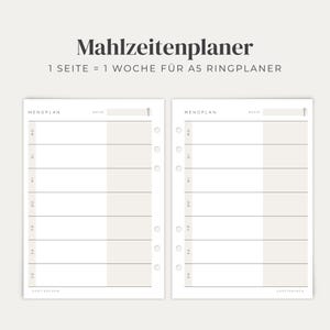 Könnte beinhalten: Zwei identische A5-Ringplaner-Seiten zur Essensplanung mit der Überschrift Mahlzeitenplaner. Jede Seite zeigt ein Wochenlayout mit Zeilen für die Wochentage, einem Feld für die Woche und einem kleinen Löffelsymbol auf weißem Grund.