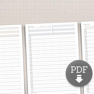 May include: Three white printable planner pages with lined sections for daily scheduling. The pages have the words "HEUTE" and "MONTAG" printed on them. A gray circle with the word "PDF" and a downward arrow is in the lower right corner.