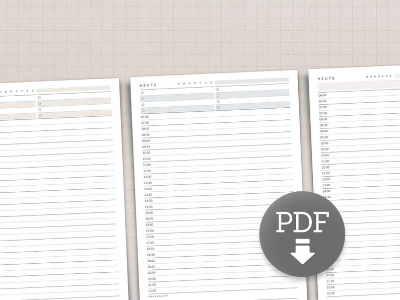 May include: Three white printable planner pages with lined sections for daily scheduling. The pages have the words "HEUTE" and "MONTAG" printed on them. A gray circle with the word "PDF" and a downward arrow is in the lower right corner.