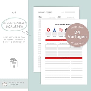 Op de afbeelding: A4-formaat afdrukbare pagina's met de tekst "HAUSHALTSORDNER VORLAGEN" en "NOTFALLINFOS & -KONTAKTE". De pagina's bevatten secties voor huishoudelijke projecten en contacten voor noodgevallen. Een PDF-pictogram is zichtbaar.