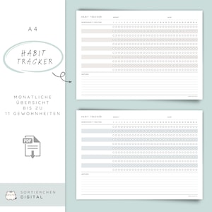 Könnte beinhalten: Zwei A4-große Habit Tracker-Druckbögen. Das obere Blatt hat ein hellrosa und graues Design, während das untere Blatt ein hellblaues und graues Design hat. Jedes Blatt enthält einen Abschnitt für Gewohnheiten, einen Monatskalender und Notizen.