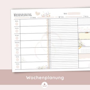 Wochenplaner Vorlage A4 Querformat | Dekorative Wochenübersicht zum Ausdrucken | Termine, To Dos & Notizen | Boho Blumen Design