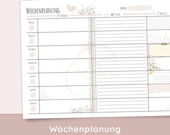 Weekly planner template A4 landscape format | Decorative weekly overview for printing | Appointments, to-dos & notes | Boho floral design