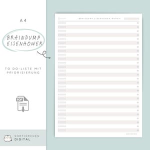 Pode incluir: Um planejador imprimível em formato A4 com o texto "BRAINDUMP EISENHOWER" e "TO DO-LISTE MIT PRIORISIERUNG". O planejador apresenta um layout de grade para priorização de tarefas, com caixas de seleção e espaço para anotações.