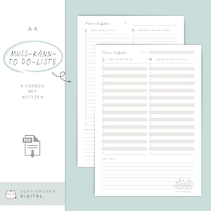 Könnte beinhalten: Zwei A4-große, druckbare To-Do-Listen. Die Blätter sind hellgrau mit Linien für Aufgaben und dem Text "Meine Aufgaben" und "Muss-Kann-To Do-Liste". Das Bild enthält auch den Text "4 Farben mit Notizen" und ein PDF-Symbol.