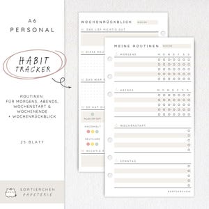 Könnte beinhalten: A6 Personal Habit Tracker Planer-Einlagen. Die Einlagen verfügen über einen Habit Tracker, Wochenrückblick und Routine-Abschnitte. Die Seiten sind cremefarben mit schwarzem Text und minimalistischem Design. Der Text enthält "Habit Tracker" und "Meine Routinen".