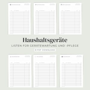 Könnte beinhalten: Sechs weiße, druckbare Blätter für die Wartung und Pflege von Haushaltsgeräten mit Tabellen zur Aufgabenverfolgung. Der Text lautet Haushaltsgeräte, Listen für Gerätewartung und -pflege sowie PDF Download mit spezifischen Gerätebezeichnungen.