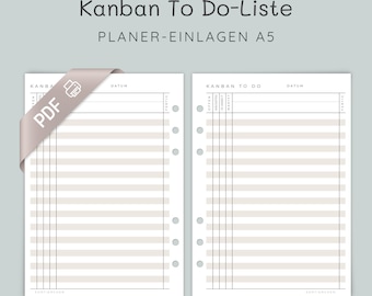 May include: Two A5 planner inserts featuring a Kanban to-do list layout with horizontal lines and columns for task status. The pages include the text Kanban To Do-Liste, PLANER-EINLAGEN A5, and a PDF icon on a ribbon. The design is white with grey lines.