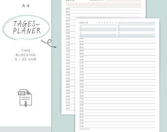 May include: A4-sized time-blocking planner with the text "TAGES-PLANER" and "TIME BLOCKING 6-22 UHR." The planner features a detailed hourly schedule from 6:00 to 22:30, with space for notes. The design is minimalist, with a PDF icon.
