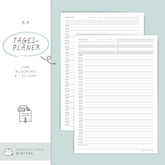 Tagesplan zum Ausdrucken deutsch | Uhrzeiten PDF Vorlage mit Fokus, To Do-Liste & Braindump | Time Blocking