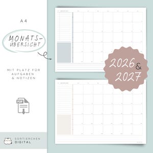 May include: A4-sized planner pages with a light teal background. The pages feature monthly calendar layouts for 2026 and 2027, with space for tasks and notes. The text "MONATS-ÜBERSICHT" is visible, along with a PDF icon and the words "SORTIERCHEN DIGITAL."