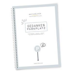 Könnte beinhalten: Ein spiralgebundenes Notizbuch mit hellblauem Rand. Auf dem Cover stehen die Texte "NOTIZBLOCK" und "GEDANKEN PARKPLATZ" in einer verspielten Schriftart. Ein Parkplatzschild und eine Glühbirnenillustration sind ebenfalls vorhanden. Das Notizbuch ist für Aufgaben, Ideen und Informationen.