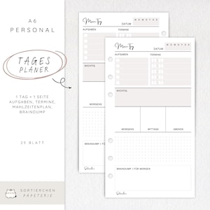 Könnte beinhalten: A6 Personal Tages Planer im minimalistischen Design. Der Planer enthält Abschnitte für Aufgaben, Termine und Notizen. Der Text auf dem Planer lautet "1 Tag = 1 Seite Aufgaben, Termine, Mahlzeitenplan, Braindump" und "25 Blatt".