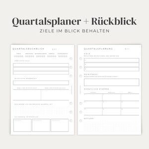 Könnte beinhalten: Ein zweiseitiges Planer-Einlagenset mit dem Titel Quartalsplaner + Rückblick. Die linke Seite enthält Abschnitte für den Quartalsrückblick, einschließlich Sternebewertungen, Ziele und Erkenntnisse. Die rechte Seite bietet Bereiche für die Quartalsplanung, Ziele, Fokus und monatliche Etappen.